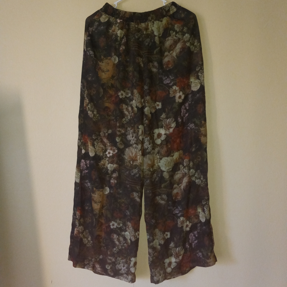 THE LIMITED Semi-Sheer Floral Wide-Leg Olive-Green Pants Women's M